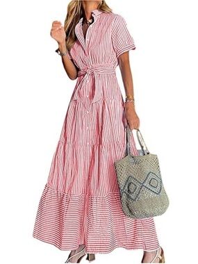Trendy boutique Red & White Striped Tie-Waist Maxi Dress